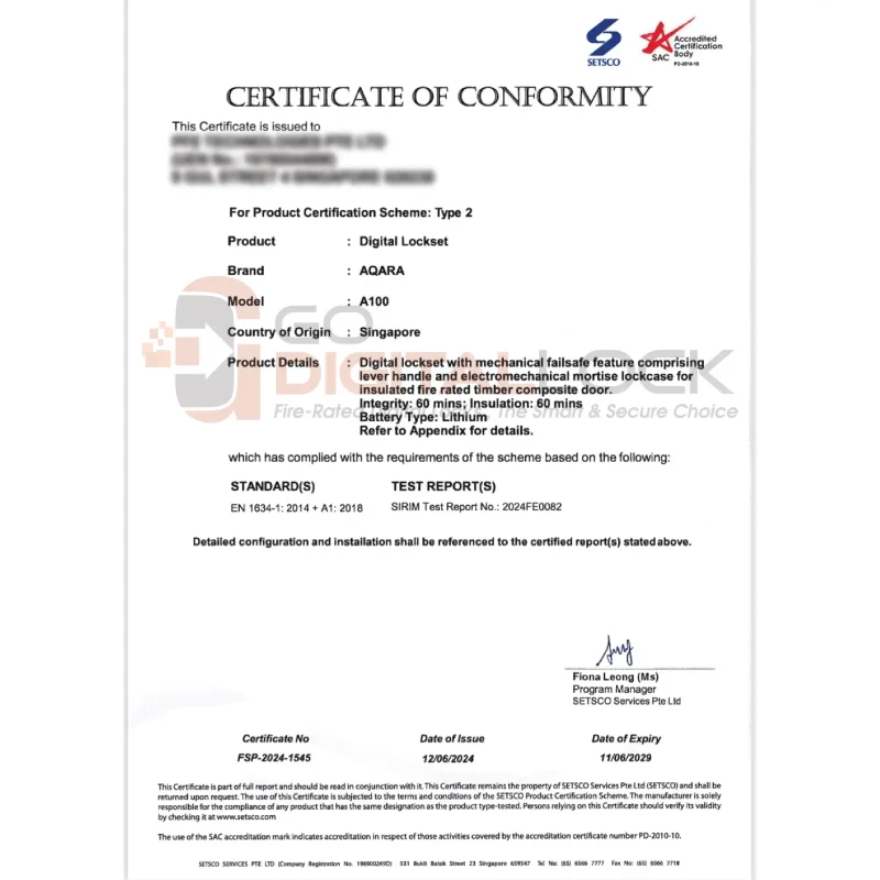 Aqara A100 CoC certifate